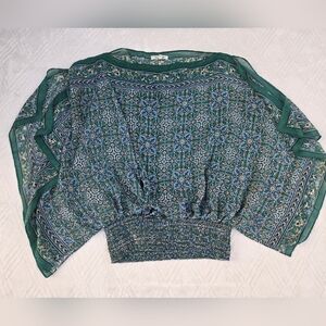 MaX Studios Dolman Sleeve Flowy Boho Floral Green Smocked-Waist Top Sz L